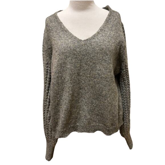 NWT Frye Gray Wool Blend V-Neck Sweater Woven Balloon Sleeve Chunky Knit - L - Picture 1 of 7